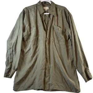 Bogari Mens 100% Silk Button Down Shirt Olive Green Long Sleeve Size M Pocket